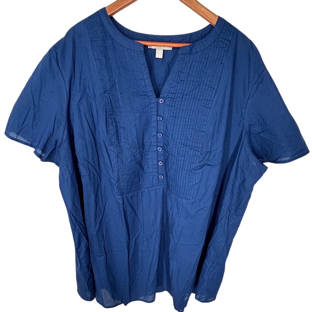 Woman Within Dark Blue Partial Button Short Sleeved Blouse Women's Size 30/32 3X